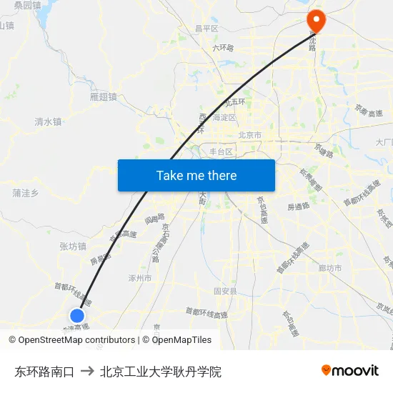 东环路南口 to 北京工业大学耿丹学院 map