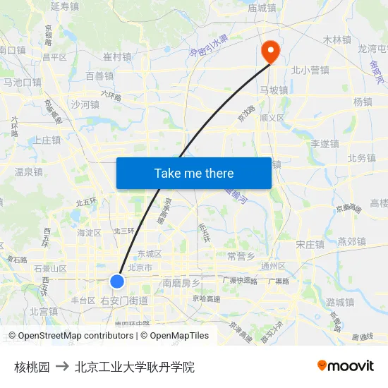 核桃园 to 北京工业大学耿丹学院 map
