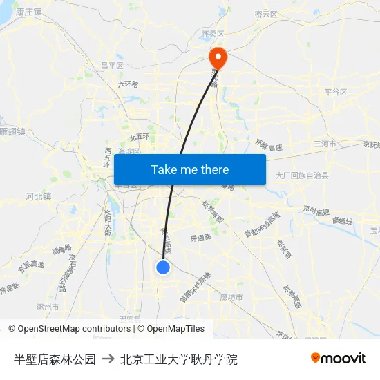 半壁店森林公园 to 北京工业大学耿丹学院 map