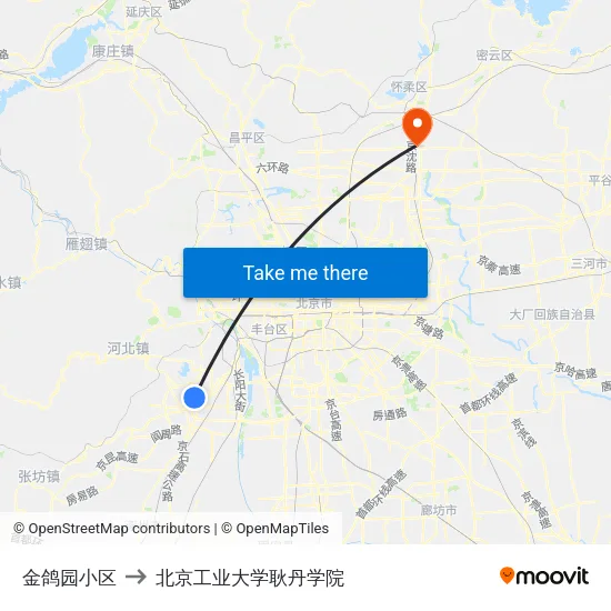 金鸽园小区 to 北京工业大学耿丹学院 map