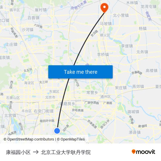 康福园小区 to 北京工业大学耿丹学院 map