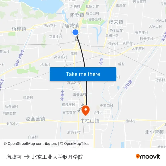 庙城南 to 北京工业大学耿丹学院 map