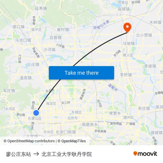 廖公庄东站 to 北京工业大学耿丹学院 map