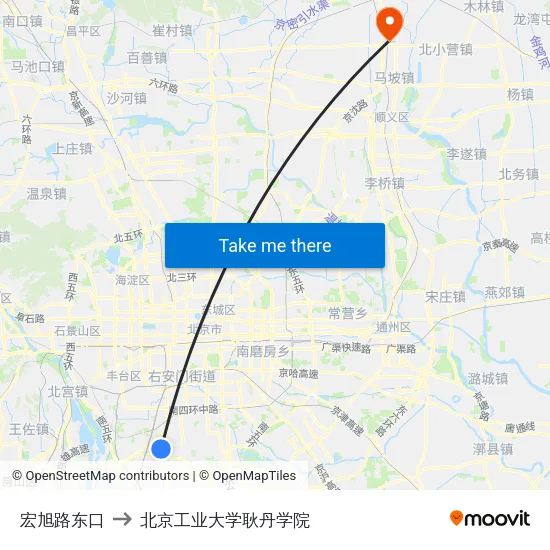 宏旭路东口 to 北京工业大学耿丹学院 map
