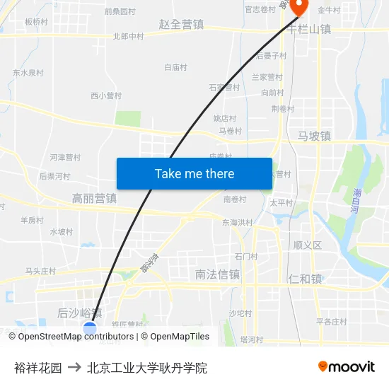 裕祥花园 to 北京工业大学耿丹学院 map