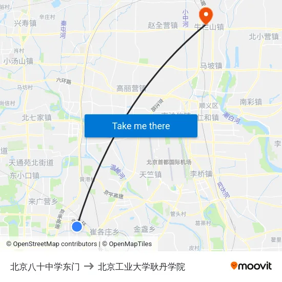 北京八十中学东门 to 北京工业大学耿丹学院 map