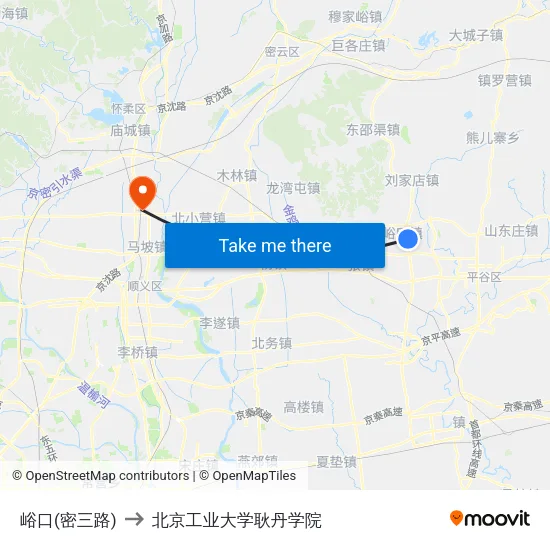 峪口(密三路) to 北京工业大学耿丹学院 map