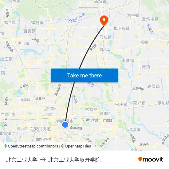 北京工业大学 to 北京工业大学耿丹学院 map
