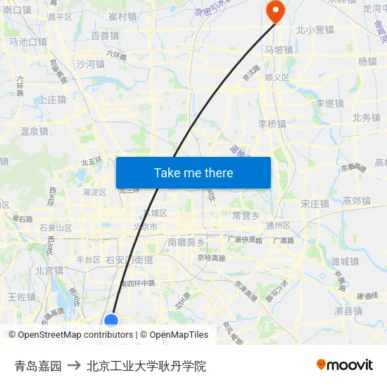 青岛嘉园 to 北京工业大学耿丹学院 map