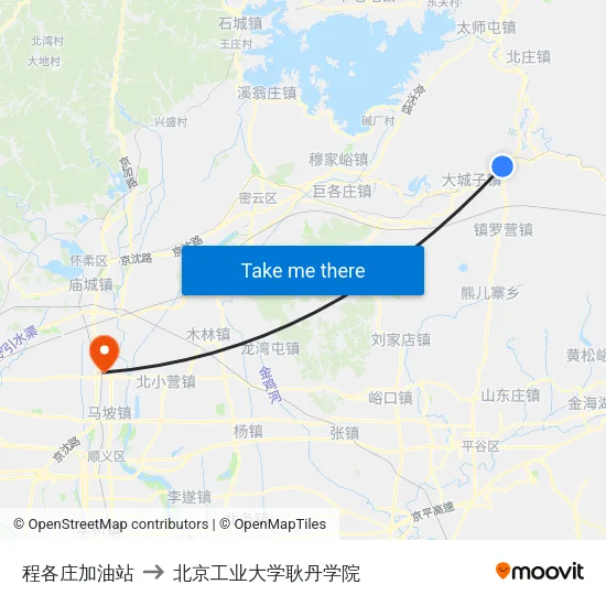 程各庄加油站 to 北京工业大学耿丹学院 map