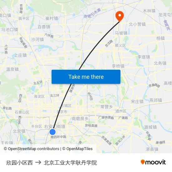 欣园小区西 to 北京工业大学耿丹学院 map