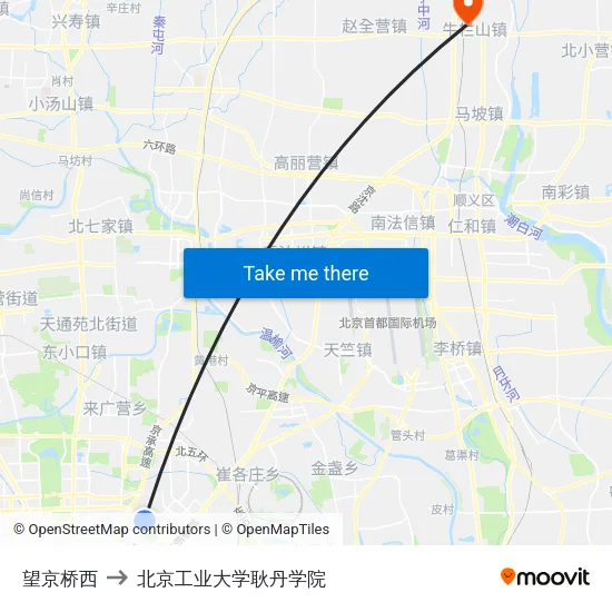 望京桥西 to 北京工业大学耿丹学院 map