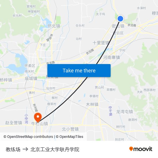 教练场 to 北京工业大学耿丹学院 map