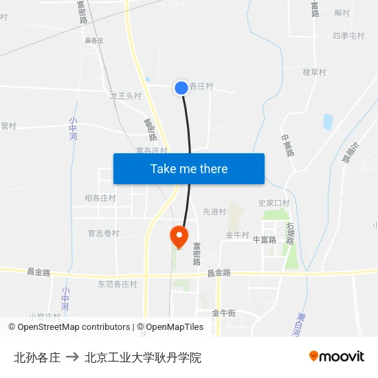 北孙各庄 to 北京工业大学耿丹学院 map