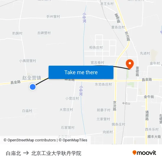 白庙北 to 北京工业大学耿丹学院 map