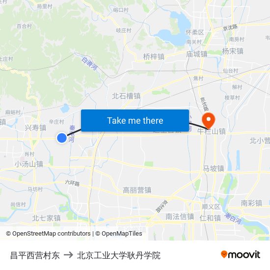 昌平西营村东 to 北京工业大学耿丹学院 map