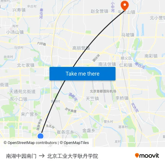 南湖中园南门 to 北京工业大学耿丹学院 map