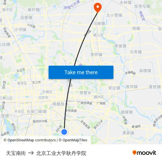 天宝南街 to 北京工业大学耿丹学院 map