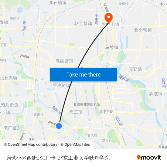 康营小区西街北口 to 北京工业大学耿丹学院 map
