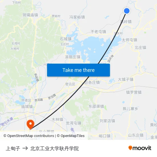 上甸子 to 北京工业大学耿丹学院 map