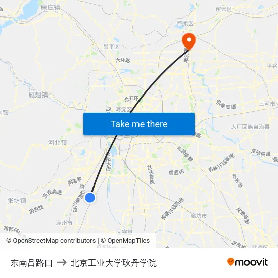 东南吕路口 to 北京工业大学耿丹学院 map
