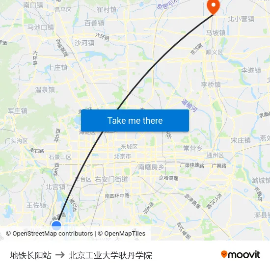 地铁长阳站 to 北京工业大学耿丹学院 map