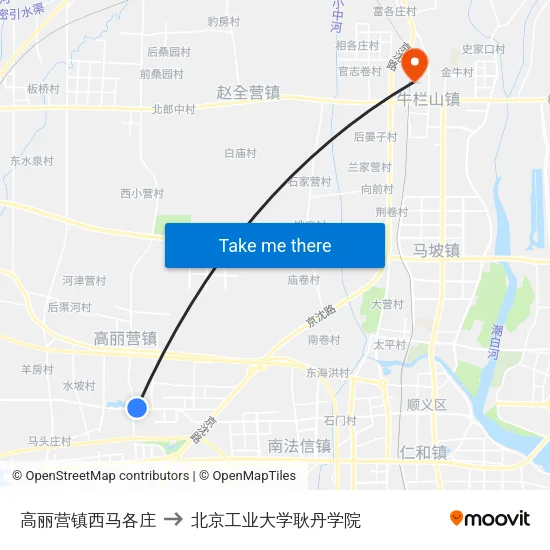 高丽营镇西马各庄 to 北京工业大学耿丹学院 map