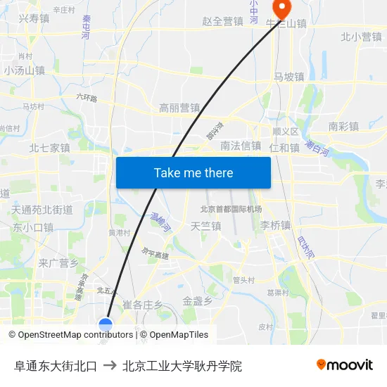 阜通东大街北口 to 北京工业大学耿丹学院 map