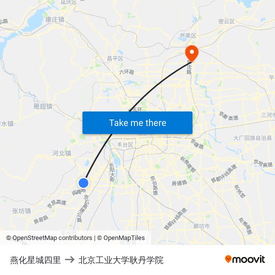 燕化星城四里 to 北京工业大学耿丹学院 map