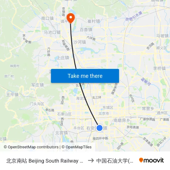 北京南站 Beijing South Railway Station to 中国石油大学(北京) map