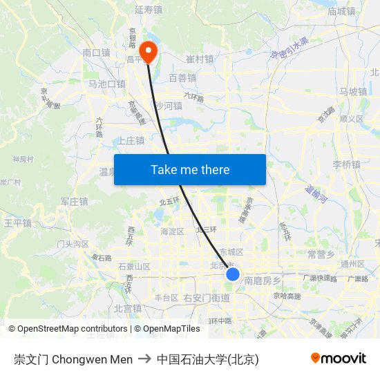 崇文门  Chongwen Men to 中国石油大学(北京) map