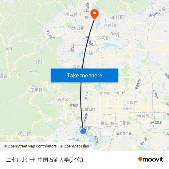 二七厂北 to 中国石油大学(北京) map
