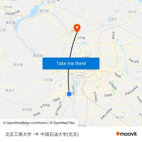 北京工商大学 to 中国石油大学(北京) map