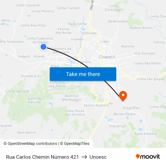 Rua Carlos Chemin Número 421 to Unoesc map