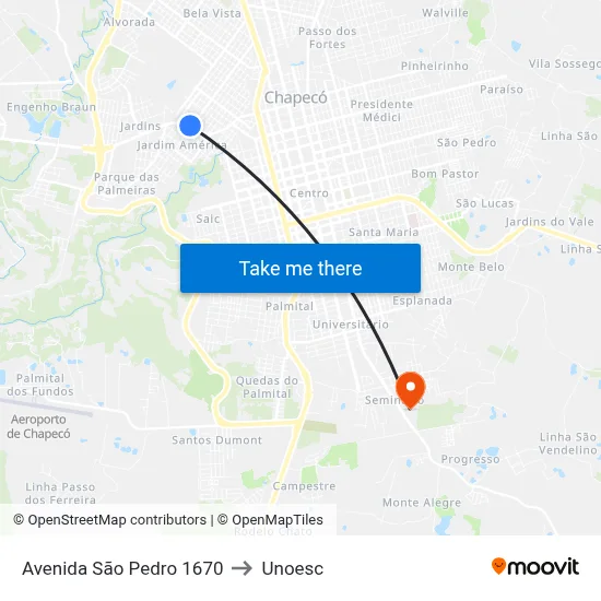 Avenida São Pedro 1670 to Unoesc map