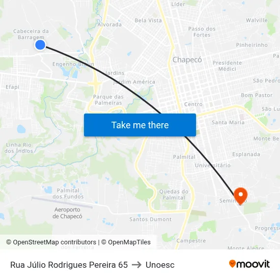 Rua Júlio Rodrigues Pereira 65 to Unoesc map