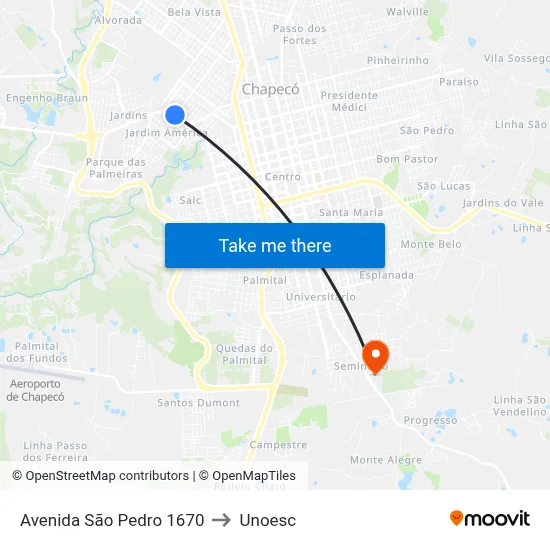 Avenida São Pedro 1670 to Unoesc map