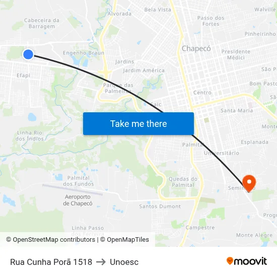 Rua Cunha Porã 1518 to Unoesc map