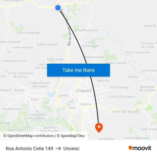 Rua Antonio Cella 149 to Unoesc map