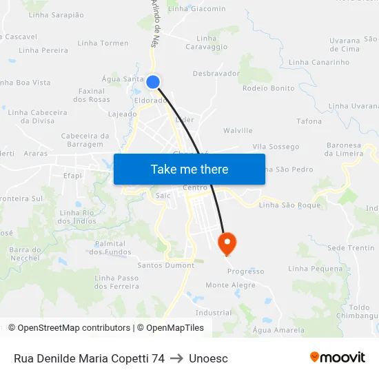 Rua Denilde Maria Copetti 74 to Unoesc map
