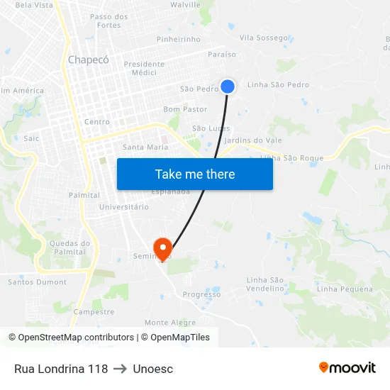 Rua Londrina 118 to Unoesc map
