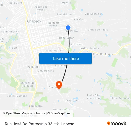 Rua José Do Patrocínio 33 to Unoesc map