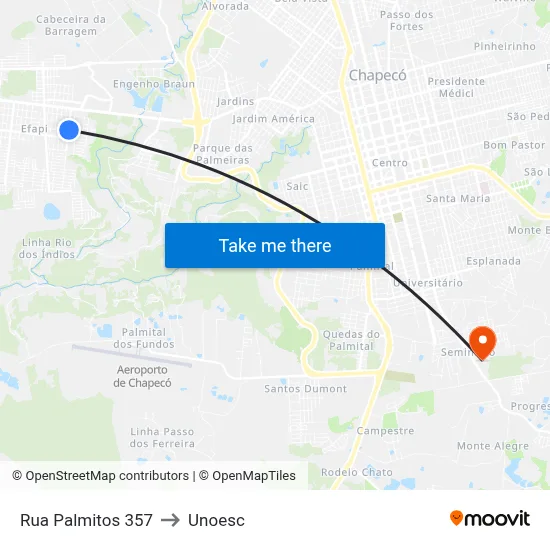 Rua Palmitos 357 to Unoesc map