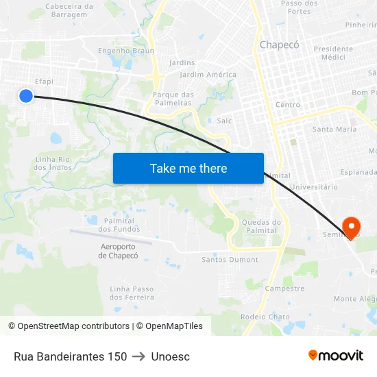 Rua Bandeirantes 150 to Unoesc map