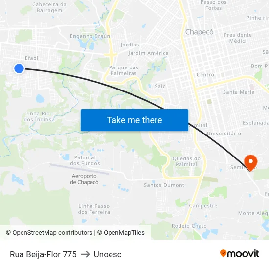 Rua Beija-Flor 775 to Unoesc map