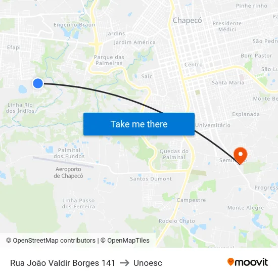 Rua João Valdir Borges 141 to Unoesc map