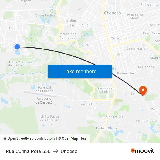 Rua Cunha Porã 550 to Unoesc map