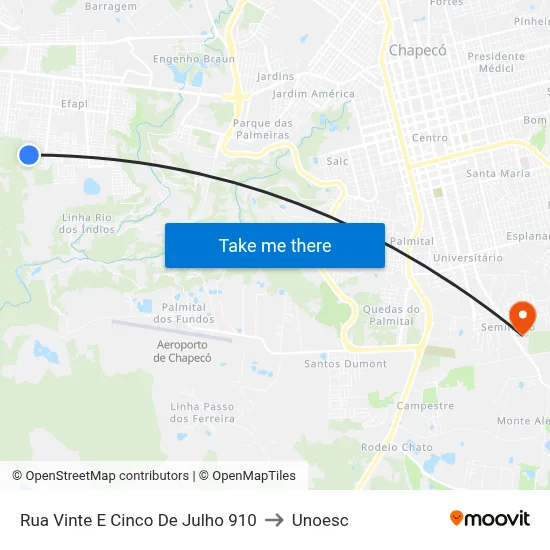 Rua Vinte E Cinco De Julho 910 to Unoesc map