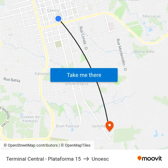 Terminal Central - Plataforma 15 to Unoesc map