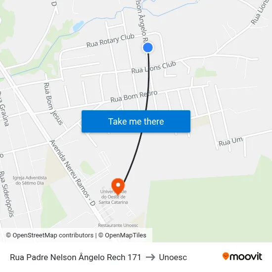 Rua Padre Nelson Ângelo Rech 171 to Unoesc map
